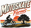 A retro-style graphic design featuring the words 'MOTOSKATE Farms' in large white letters with orange and black outlines, above an illustration of a person riding a dirt bike on a grassy hill with a tree, fence, and striped sunset background.